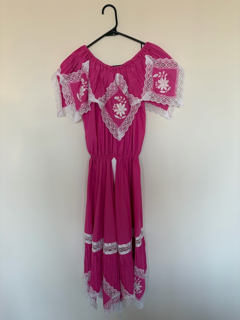Boho Off-Shoulder Fuchsia Maxi Dress with White Lace Trim